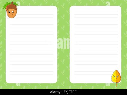 Colored sheet template for notes. Paper page for journal, notebook, diary, letters, schedule, organizer. Cute cartoon character. Lined sheet. Vector i Stock Vector