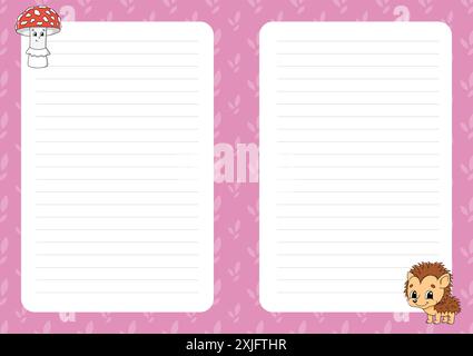 Colored sheet template for notes. Paper page for journal, notebook, diary, letters, schedule, organizer. Cute cartoon character. Lined sheet. Vector i Stock Vector