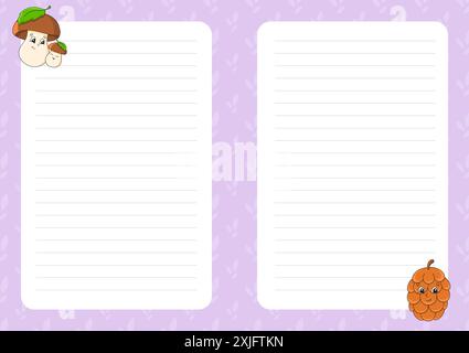 Colored sheet template for notes. Paper page for journal, notebook, diary, letters, schedule, organizer. Cute cartoon character. Lined sheet. Vector i Stock Vector