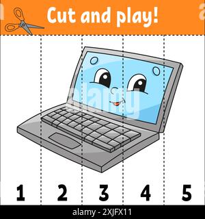 Learning numbers 1-5. Cut and play. Education worksheet. Game for kids. Color activity page. Puzzle for children. Riddle for preschool. Cartoon style. Stock Vector