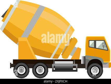 Vehicle with concrete mixer. Construction machinery. Vector illustration. Isolated on white background. Color yellow. Stock Vector