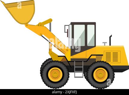 Yellow excavator with a bucket on wheels. Industrial machinery. Construction machinery. Vector illustration. Isolated on white background. Stock Vector