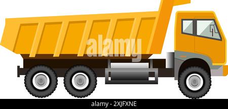 Dump truck. Industrial machinery. Construction machinery. Vector illustration. Isolated on white background. Color yellow. Stock Vector