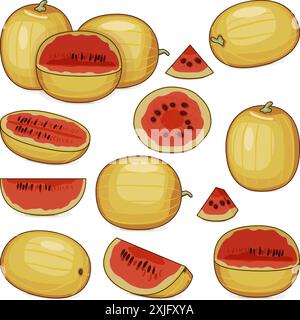 Set of Faerie watermelon. Citrullus lanatus. Fruits and vegetables. Clipart. Isolated vector illustration. Stock Vector