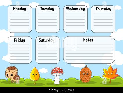 School timetable. For the education of children. Isolated on color background. With a cute cartoon character. Vector illustration. Stock Vector
