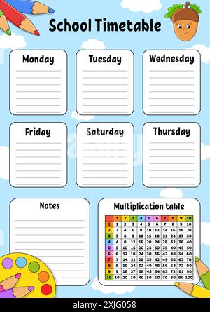 School timetable. For the education of children. Isolated on color background. With a cute cartoon character. Vector illustration. Stock Vector