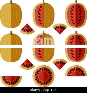 Set of Faerie watermelon. Citrullus lanatus. Fruits and vegetables. Flat style. Isolated vector illustration. Stock Vector
