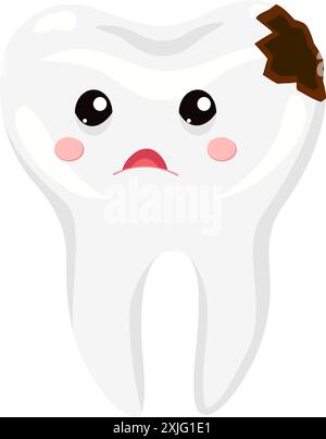 Sad cartoon tooth with caries for pediatric dentistry. Cute bad tooth with hole. Oral care. Stock Vector