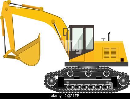 Yellow crawler excavator with a bucket. Industrial machinery. Construction machinery. Vector illustration. Isolated on white background. Stock Vector