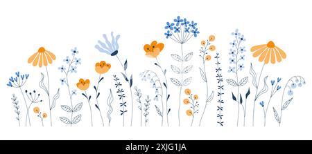 Summer meadow plants  vector seamless border pattern.   Floral field in line art style Stock Vector
