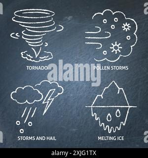 Global warming impacts chalkboard icon set. Natural disasters caused by climate change. Vector illustration. Stock Vector
