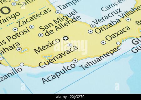 Macro photography of Cuernavaca city into political mexican map with important cities Stock Photo