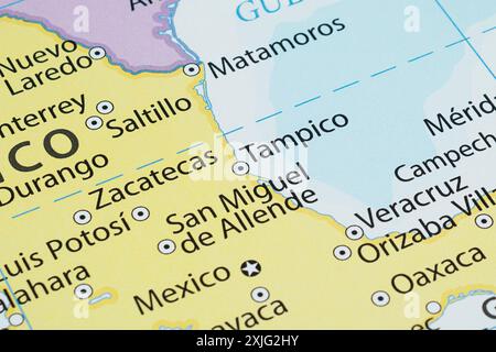 Macro photography of Tampico city into political mexican map with important cities Stock Photo