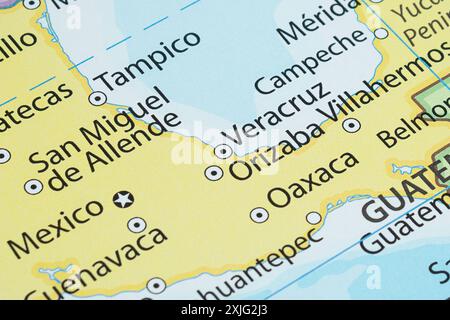 Macro photography of Veracruz city into political mexican map with important cities Stock Photo