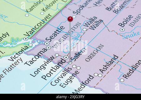 Close up to a Salem city with a red pin needle into United States of America country political map Stock Photo