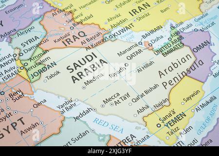 Close up to a Saudi Arabia political map with country frontiers and most importants cities Stock Photo