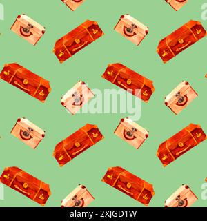 Antique travel luggage bags. Old-fahioned vintage watercolor clip art. Seamless pattern in retro style for prints on wallpaper, textiles, diy, scrapbo Stock Photo