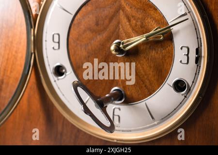 Ancient chiming mantel clock , close up photo, front view. Clock face ...