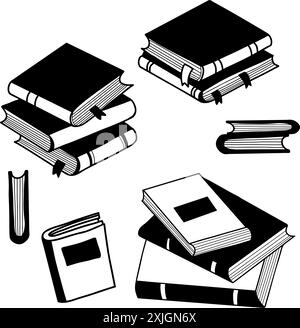 Books doodles. Closed and stacks of folded books collection. Vector illustration. Isolated hand drawing elements for design and decoration Stock Vector