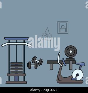 fitness room with gym equipment and dumbbells art. Vector illustration of a fitness room with gym equipment and dumbbells Stock Vector