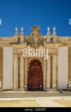 entrance door on the main facade of the Joanina Library building in the courtyard of the Palacio de las Ecuelas in the city of Coimbra, Portugal, EU Stock Photo