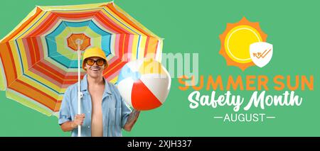 Banner for Summer Sun Safety Month with young man with umbrella and inflatable ball Stock Photo