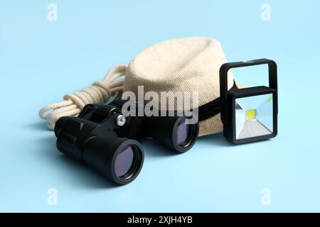 Set of travel items on blue background Stock Photo