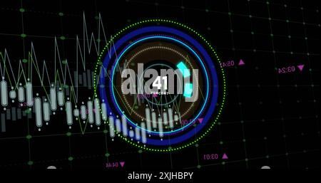 Image of graph processing data over blue loading ring with growing percent on black background. Connection, data, processing, digital interface and co Stock Photo