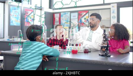 Chemistry formulas over teacher explaining experiment to children in science classroom image Stock Photo