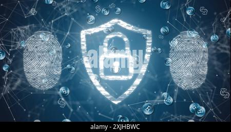 Image of padlock, biometric fingerprint and data processing over blue background Stock Photo