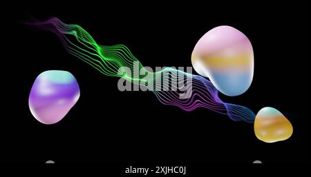 Image of blobs and abstract shapes moving over waving mesh on black background Stock Photo