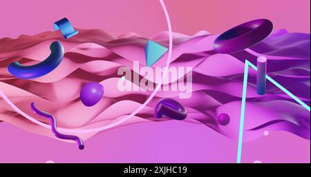 Image of abstract shapes moving over waving pink background. Colour, pattern, shape and movement concept digitally generated image. Stock Photo