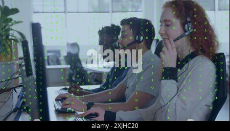 Image of binary coding data processing over diverse business people in office Stock Photo