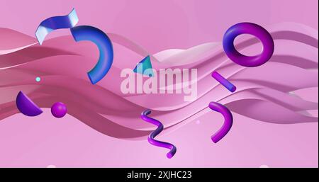 Image of abstract shapes moving over waving pink background. Colour, pattern, shape and movement concept digitally generated image. Stock Photo