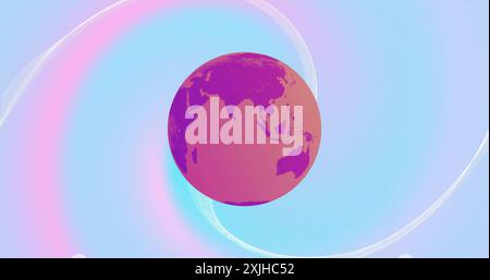 Image of earth spinning over abstract waving shape moving on blue background Stock Photo