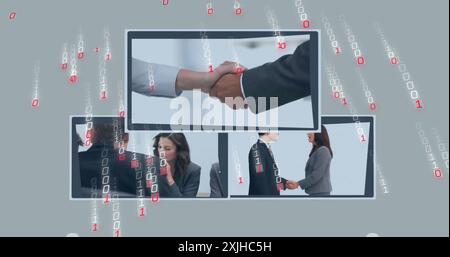 Image of binary coding data processing over diverse business people on screens Stock Photo