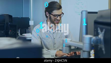 Image of binary coding data processing over caucasian businessman in office Stock Photo