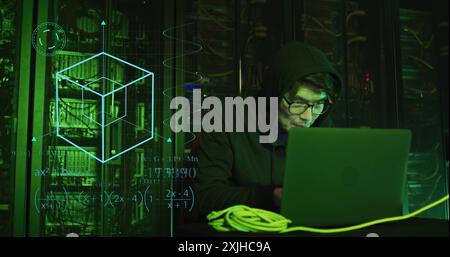 Image of scientific data processing over asian male it technician by servers. Global science, connections, computing and data processing concept digit Stock Photo