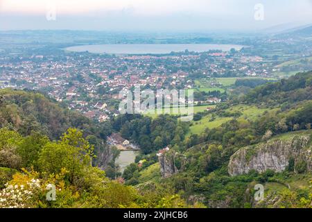 Cheddar Gorge and village countryside with cheddar reservoir, viewed from lookout on cliff top walk, Cheddar Somerset,England,UK Stock Photo