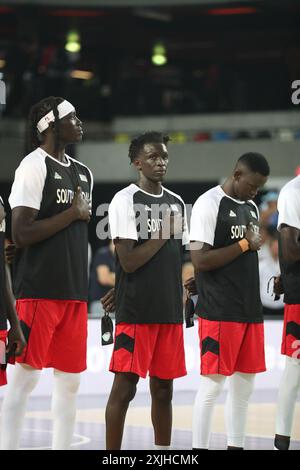 London, UK. 18th July, 2024. Stratford, London, England, July 18th 2024: South Sudan national anthen at Subway Summer Slam showcase between Great Britain and South Sudan at the Copper Box Areana in London, England (Will Hope/SPP) Credit: SPP Sport Press Photo. /Alamy Live News Stock Photo