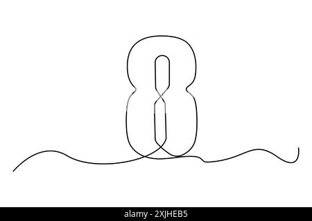 Continuous line eight. Minimalist vector number. Simple outline design. Black and white. Stock Vector