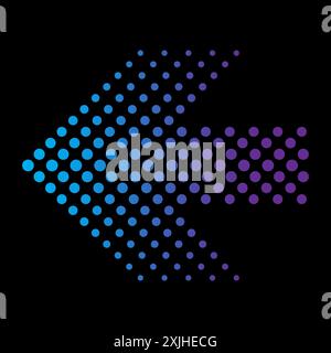 Halftone arrow design. Blue and purple dots. Vector graphic. Black background. Stock Vector