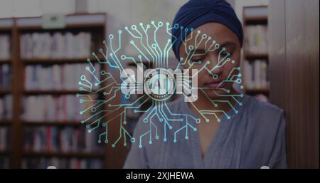 Image of ai text, brain and data over biracial female student in hijab reading book. Global artificial intelligence, connections, computing and data p Stock Photo