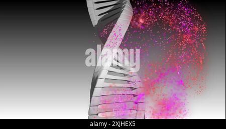 DNA strand with colorful particles image over gradient background. Biotechnology, genetics, molecular, science, digital, abstract Stock Photo