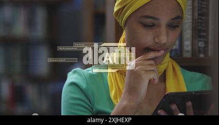 Image of ai text and data over biracial female student in hijab with tablet Stock Photo