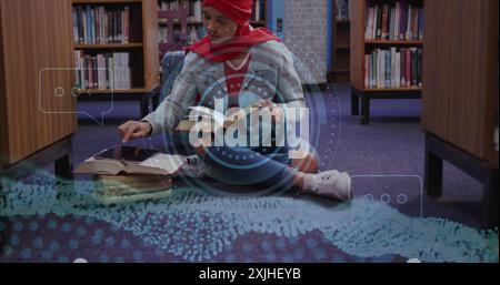 Image of ai text and data over biracial female student in hijab reading book. Global artificial intelligence, connections, computing and data processi Stock Photo