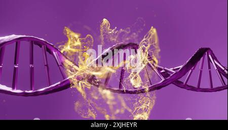 DNA strand with glowing particles image on purple background Stock Photo
