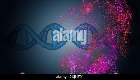 DNA strand with particles and glowing effects, scientific data processing image. Genetics, biotechnology, sequence, double helix, nucleotide, genome Stock Photo