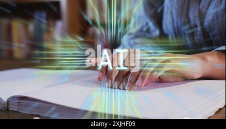 Image of ai text, brain and data over biracial female student with book. Global artificial intelligence, connections, computing and data processing co Stock Photo