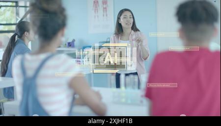 Image of ai data processing over diverse students in laboratory Stock Photo